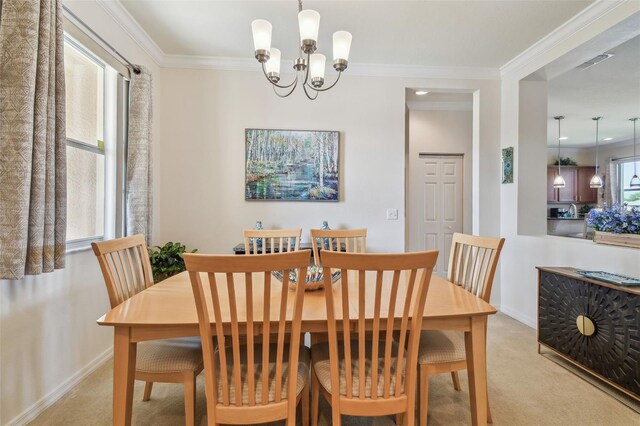 dining area with baseboards, light colored carpet, ornamental molding, a chandelier, and recessed lighting