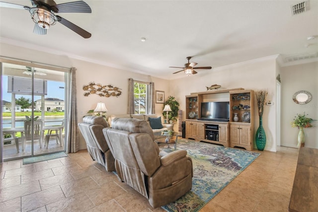 living area featuring ceiling fan and crown molding