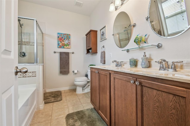 full bath featuring toilet, an enclosed shower, tile patterned floors, and a tub