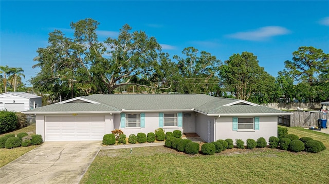 ranch-style home featuring an attached garage, concrete driveway, roof with shingles, and stucco siding