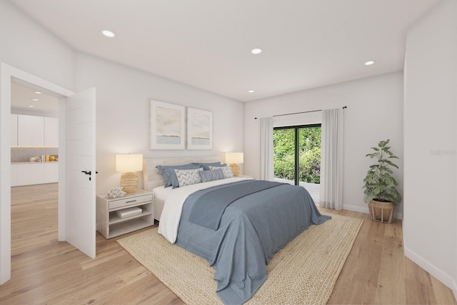 bedroom with light wood finished floors, recessed lighting, and baseboards
