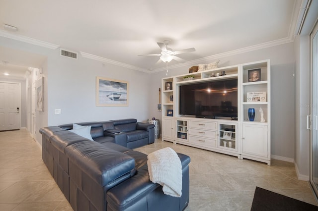 910 Tidewater Shores Loop Unit 103, Bradenton, FL 34208 - living area featuring light tile patterned flooring, crown molding, a ceiling fan, and baseboards