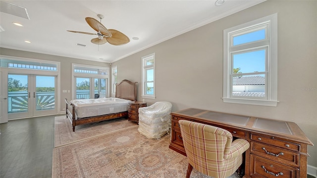 878 Freeling Dr, Sarasota, FL 34242 - bedroom featuring crown molding, access to outside, multiple windows, wood finished floors, and french doors