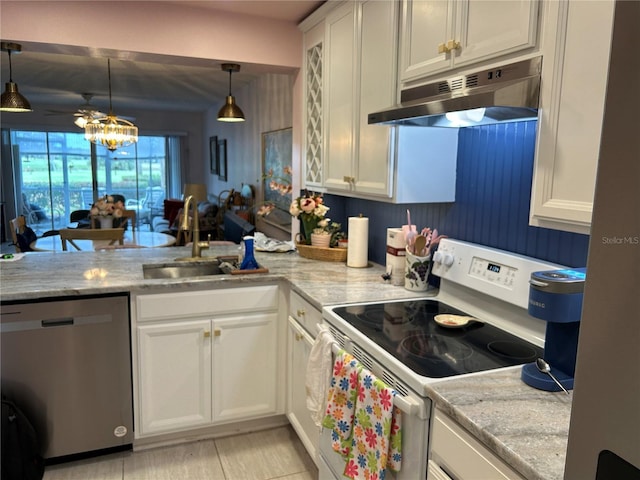 kitchen featuring white range with electric cooktop, under cabinet range hood, dishwasher, a sink, and white cabinets