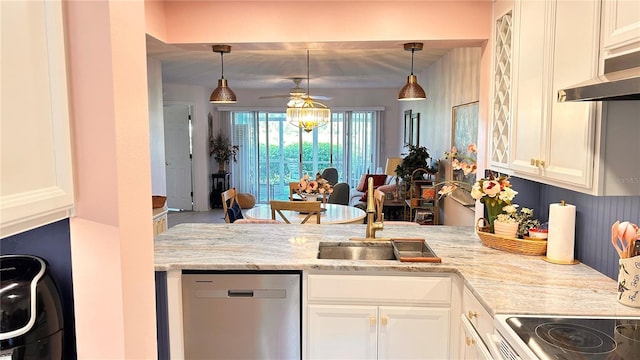 433 Cerromar Ln Unit 331, Venice, FL 34293 - kitchen with dishwasher, a ceiling fan, a peninsula, light stone countertops, and decorative light fixtures
