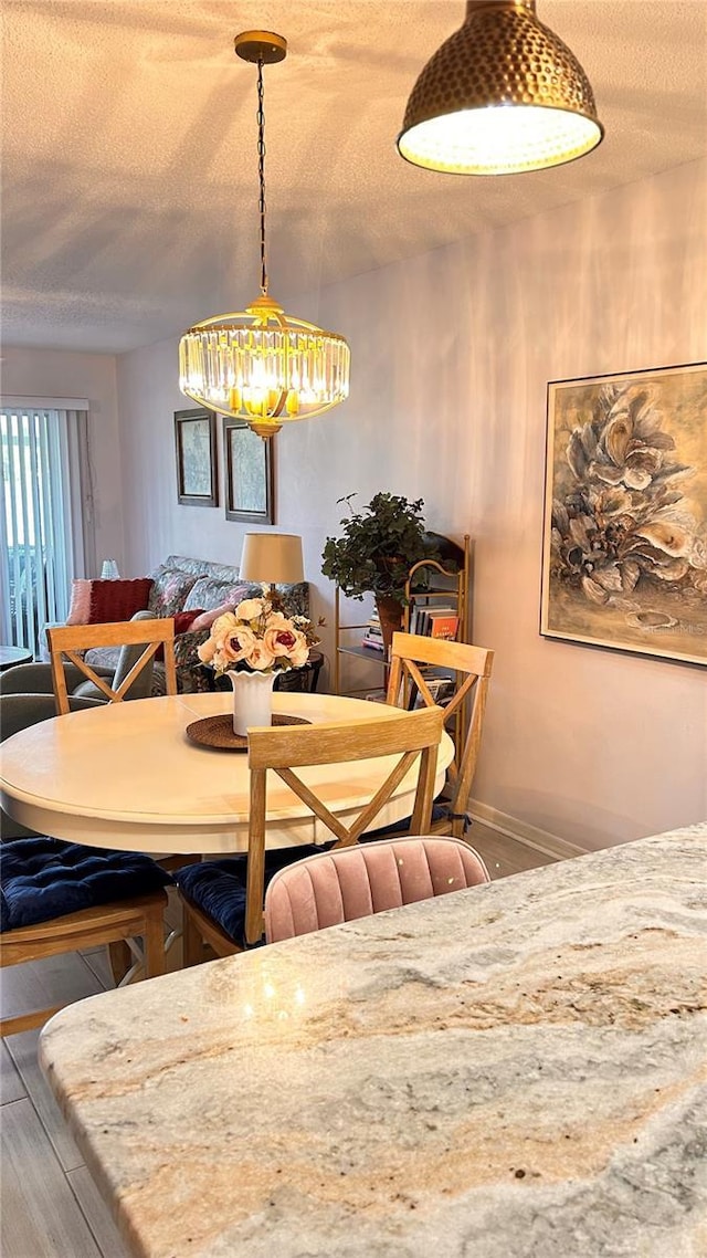 433 Cerromar Ln Unit 331, Venice, FL 34293 - dining room featuring a chandelier, a textured ceiling, wood finished floors, and baseboards