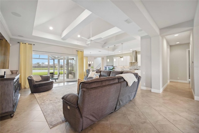 living area featuring a ceiling fan, light tile patterned floors, recessed lighting, and baseboards