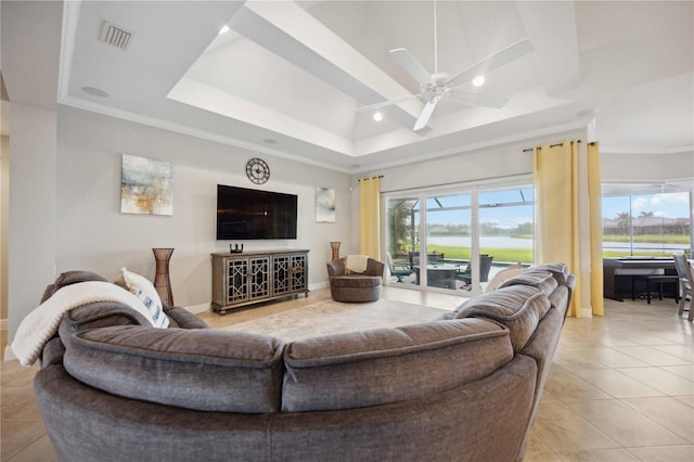 living room featuring light tile patterned flooring, plenty of natural light, recessed lighting, a ceiling fan, and crown molding