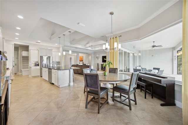 dining room with light tile patterned flooring, crown molding, recessed lighting, a chandelier, and a ceiling fan