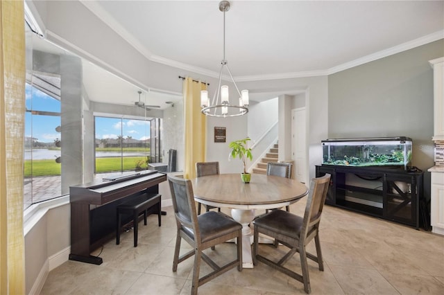 dining area with stairs, crown molding, a chandelier, a water view, and light tile patterned floors