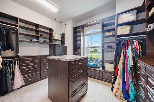 walk in closet featuring light carpet