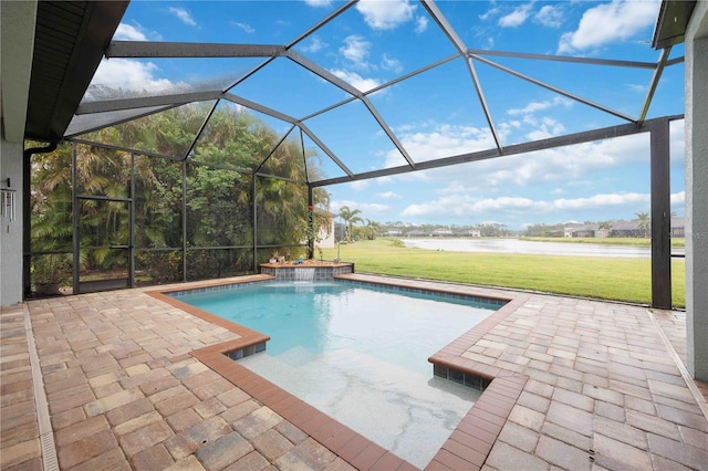 swimming pool with a water view, a patio, a yard, and glass enclosure