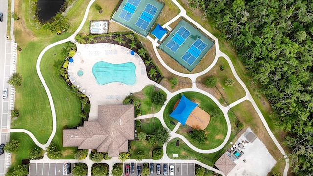 aerial view of a pool area
