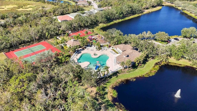 aerial view of a large body of water and a pool