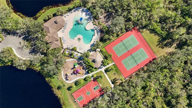 aerial view of a pool area