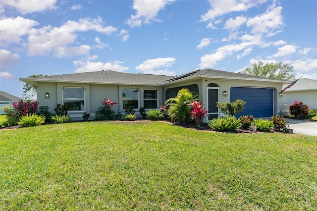 single story home with stucco siding, driveway, an attached garage, and a front lawn