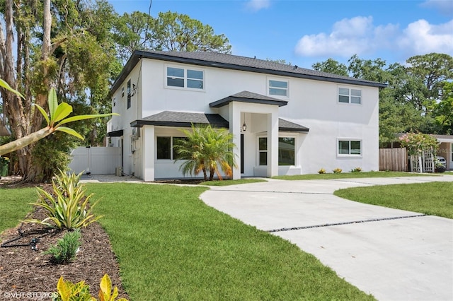 2655 Bay St, Sarasota, FL 34237 - view of front of house with stucco siding, roof with shingles, a front lawn, and fence