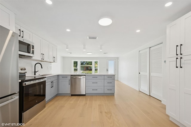 2655 Bay St, Sarasota, FL 34237 - kitchen featuring stainless steel appliances, gray cabinetry, a sink, a peninsula, and light wood-style flooring