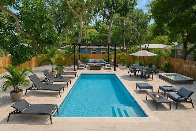 2655 Bay St, Sarasota, FL 34237 - view of swimming pool with an outdoor living space with a fire pit, a pergola, a fenced backyard, and a patio