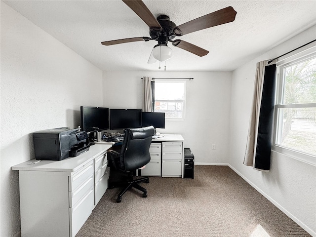 carpeted office space with a textured ceiling, plenty of natural light, a ceiling fan, and baseboards