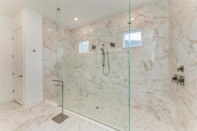 bathroom featuring a marble finish shower, marble finish flooring, baseboards, and recessed lighting