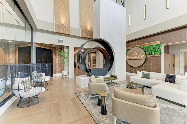 lobby with a towering ceiling
