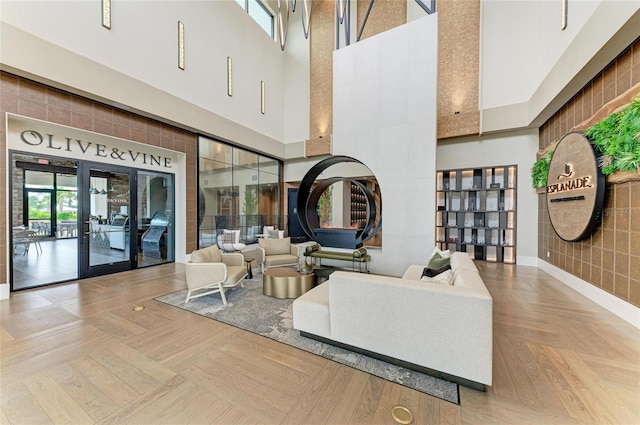 building lobby with a towering ceiling