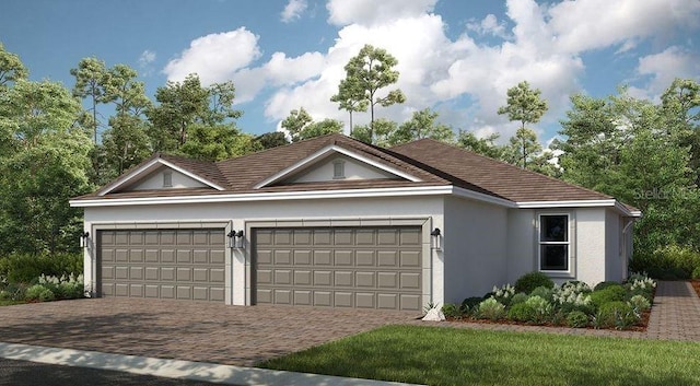 view of front of property featuring stucco siding, decorative driveway, and a garage