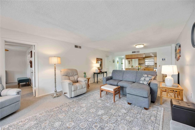 carpeted living area with a textured ceiling
