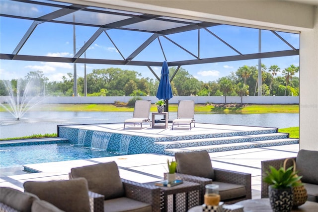 view of pool featuring a water view, a patio area, a lanai, and a fenced backyard