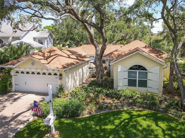 6402 23rd Avenue Dr W, Bradenton, FL 34209 - view of front facade with an attached garage, driveway, and a front lawn