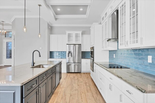 4312 Vasco St, Punta Gorda, FL 33950 - kitchen featuring stainless steel appliances, wall chimney range hood, a sink, a raised ceiling, and light wood-style flooring