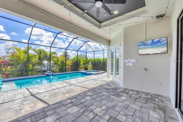 4312 Vasco St, Punta Gorda, FL 33950 - view of swimming pool featuring a patio, a pool with connected hot tub, a ceiling fan, glass enclosure, and french doors