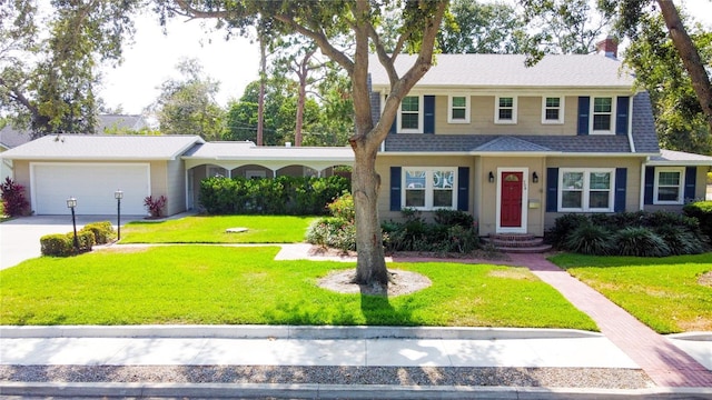 708 32nd St W, Bradenton, FL 34205 - view of front of house featuring a front lawn, concrete driveway, an attached garage, a chimney, and a shingled roof