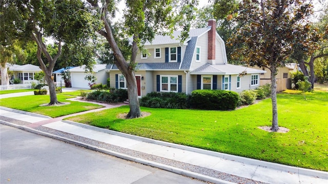 708 32nd St W, Bradenton, FL 34205 - colonial inspired home featuring a gambrel roof, a garage, driveway, a chimney, and a shingled roof
