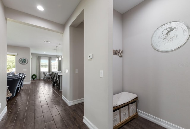 11513 11th Ave E, Bradenton, FL 34212 - hall featuring dark wood-style flooring, baseboards, and recessed lighting