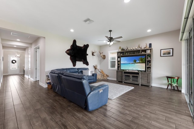 11513 11th Ave E, Bradenton, FL 34212 - living area with dark wood-style floors, baseboards, recessed lighting, and ceiling fan