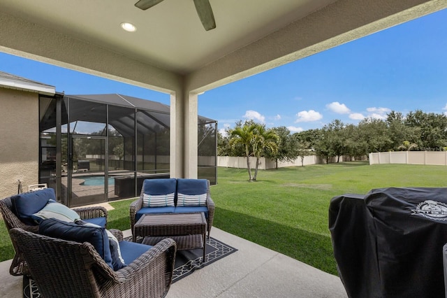 11513 11th Ave E, Bradenton, FL 34212 - view of patio featuring a ceiling fan, an outdoor hangout area, and area for grilling