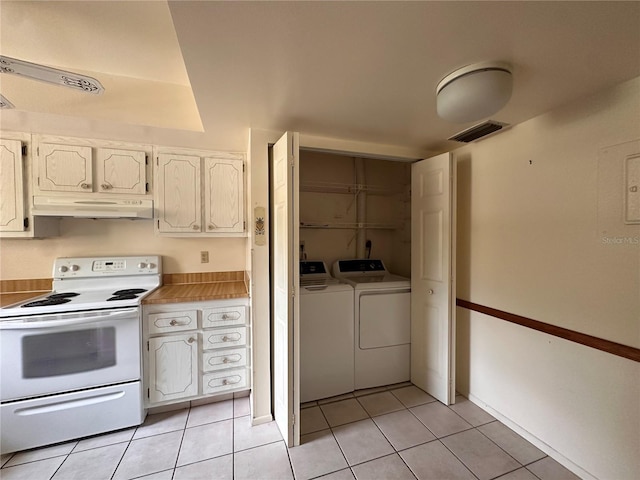 1214 56th St W Unit 1214, Bradenton, FL 34209 - kitchen featuring white range with electric stovetop, under cabinet range hood, independent washer and dryer, and light tile patterned floors