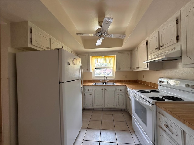 1214 56th St W Unit 1214, Bradenton, FL 34209 - kitchen with white appliances, a sink, under cabinet range hood, light tile patterned floors, and a ceiling fan