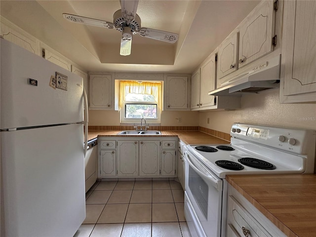 1214 56th St W Unit 1214, Bradenton, FL 34209 - kitchen featuring white appliances, a sink, under cabinet range hood, a ceiling fan, and light tile patterned floors