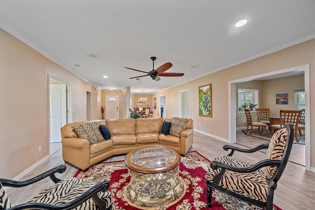 1432 Colony Pl, Venice, FL 34292 - living area featuring crown molding, baseboards, light wood finished floors, a ceiling fan, and recessed lighting