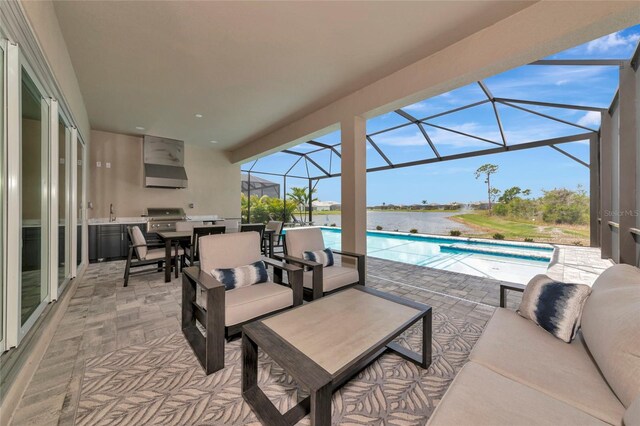 view of patio with an outdoor pool, outdoor dining space, a lanai, outdoor lounge area, and grilling area