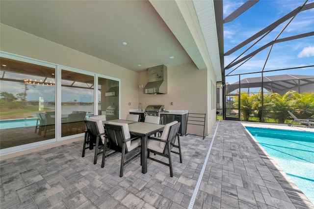 view of patio / terrace featuring an outdoor kitchen, grilling area, an outdoor pool, glass enclosure, and outdoor dining area