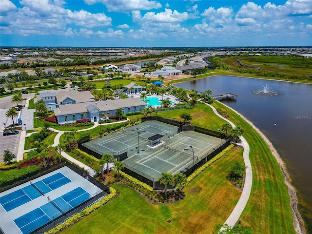 bird's eye view of a large body of water and a pool