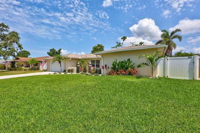 single story home with an attached garage, concrete driveway, and stucco siding