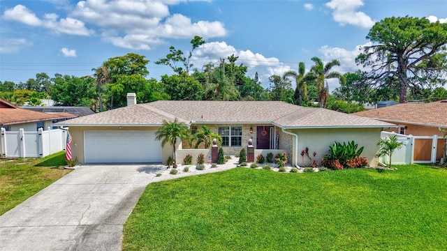 ranch-style home with an attached garage, a gate, driveway, stucco siding, and a chimney