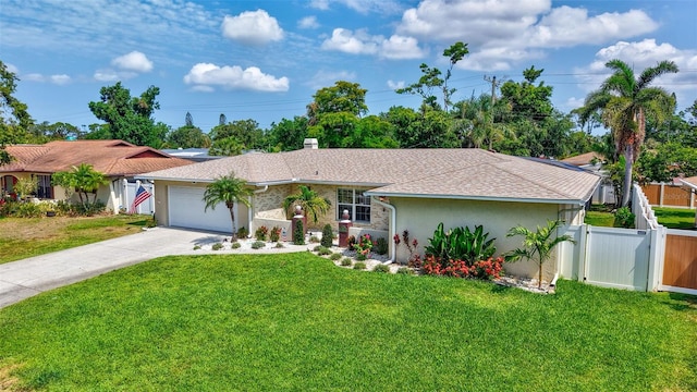 ranch-style home featuring driveway, a garage, stucco siding, a gate, and a shingled roof
