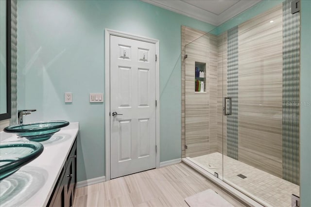 13180 SW Pembroke Cir N, Lake Suzy, FL 34269 - bathroom with a stall shower, baseboards, and double vanity