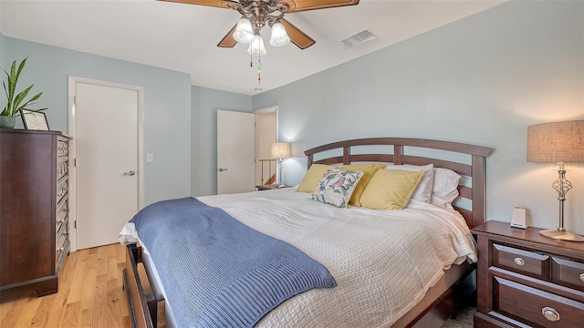bedroom with light wood-type flooring and ceiling fan